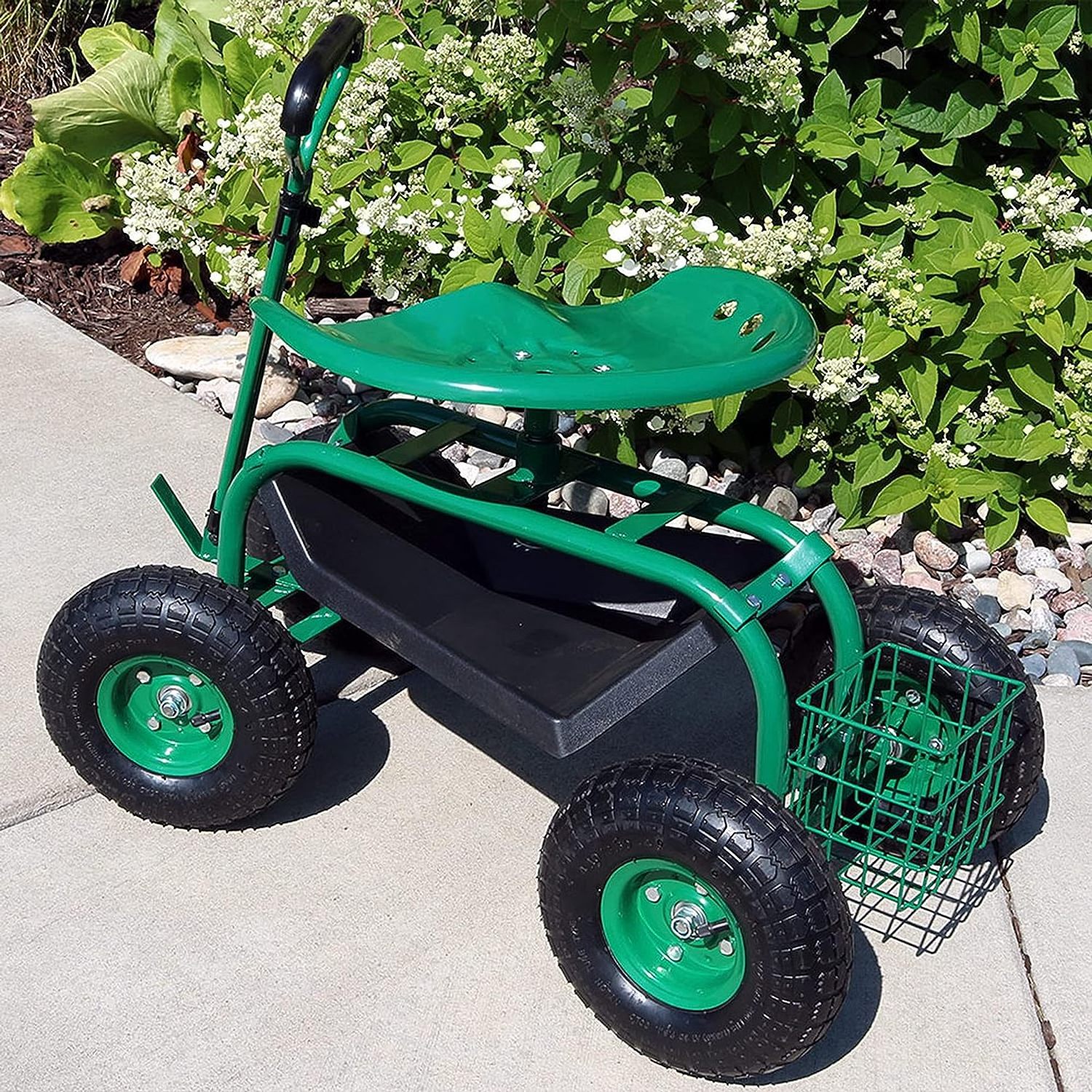 Garden Seat with Wheels - Rolling Garden Stool with Extendable Steer Handle