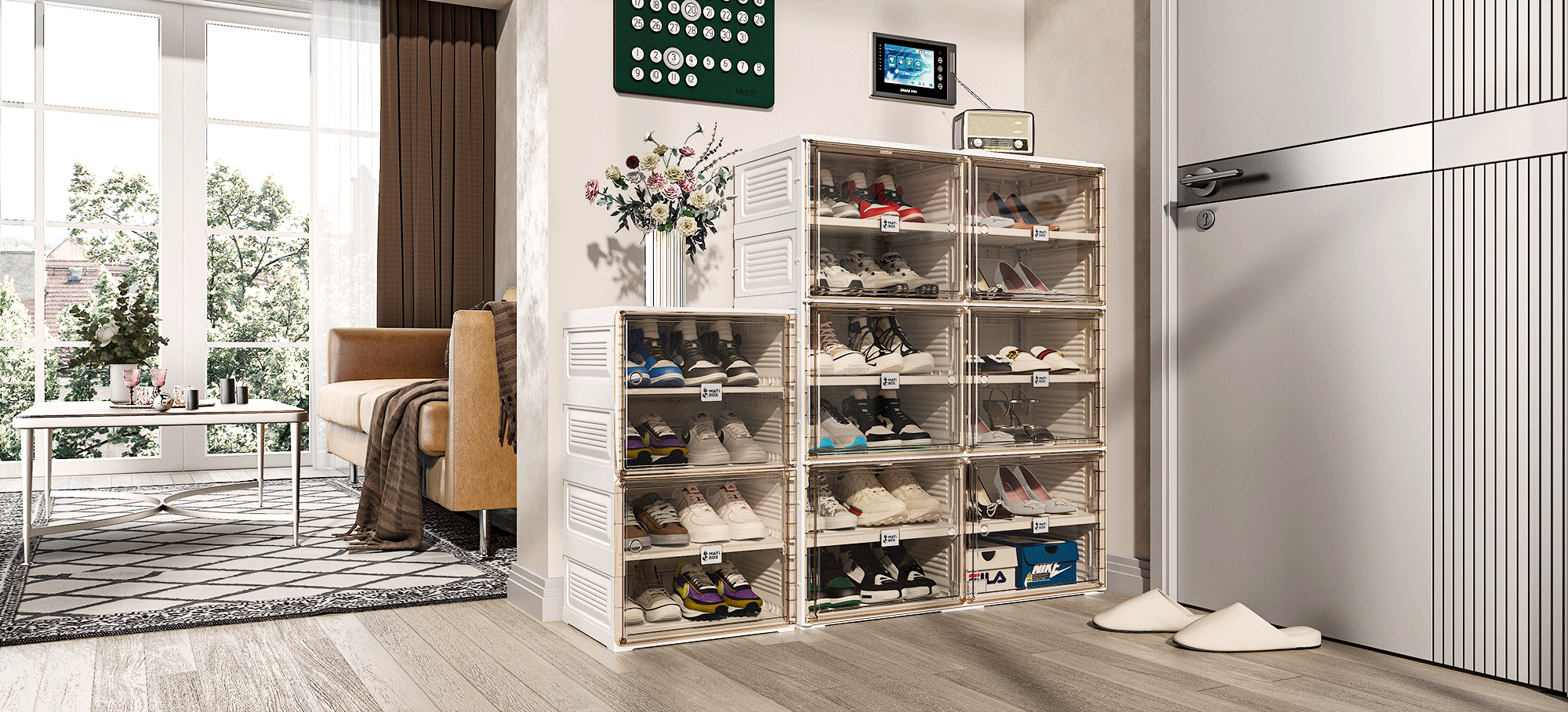 Shoe Organizer Storage Box, Portable Folding Shoe Rack for Closet with Magnetic Clear Door,Large Sneaker Cabinet Bins All-in-one