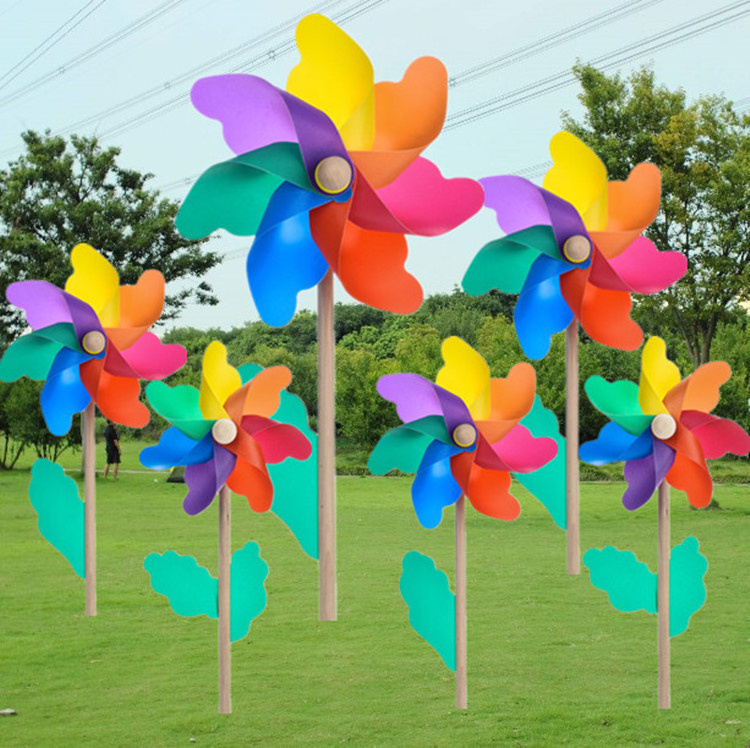 China Factory Cheap Price Rainbow Plastic Poly Petal wooden stick 32cm windmill pinwheel outdoor garden Decorative Windmill