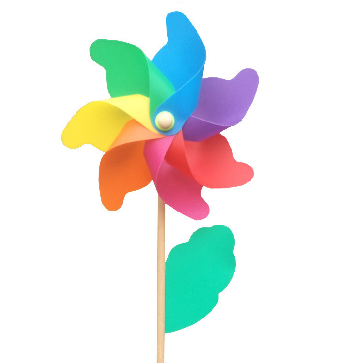 China Factory Cheap Price Rainbow Plastic Poly Petal wooden stick 32cm windmill pinwheel outdoor garden Decorative Windmill