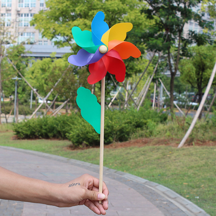 China Factory Cheap Price Rainbow Plastic Poly Petal wooden stick 32cm windmill pinwheel outdoor garden Decorative Windmill