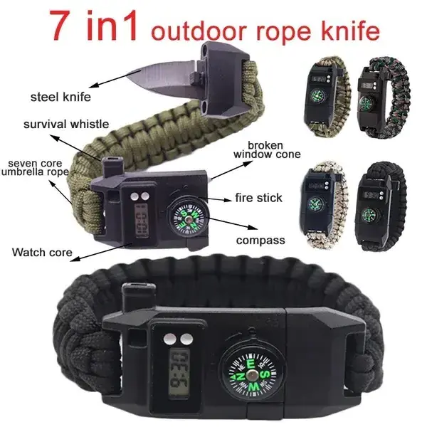 Anthrive Outdoor Camping Paracord Knife Survival Bracelets With Digital Watch Flint Fire Starter Whistle Compass