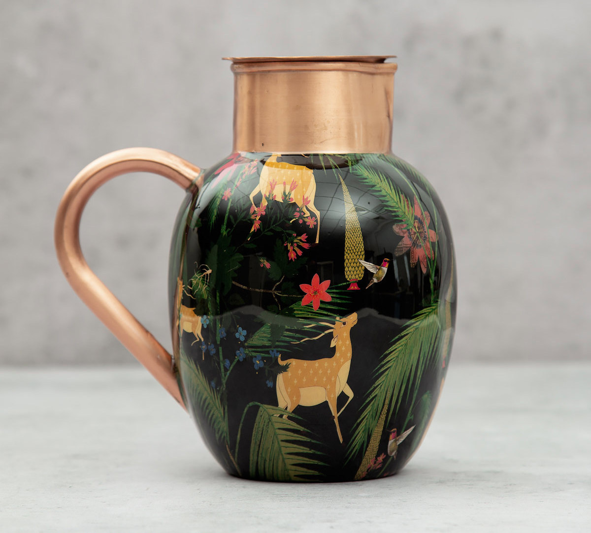 Multipurpose Handcrafted Copper Jug & Flask Set With Palm Tree Dessert Enameled Printed Used For Home And Kitchen Drinkware