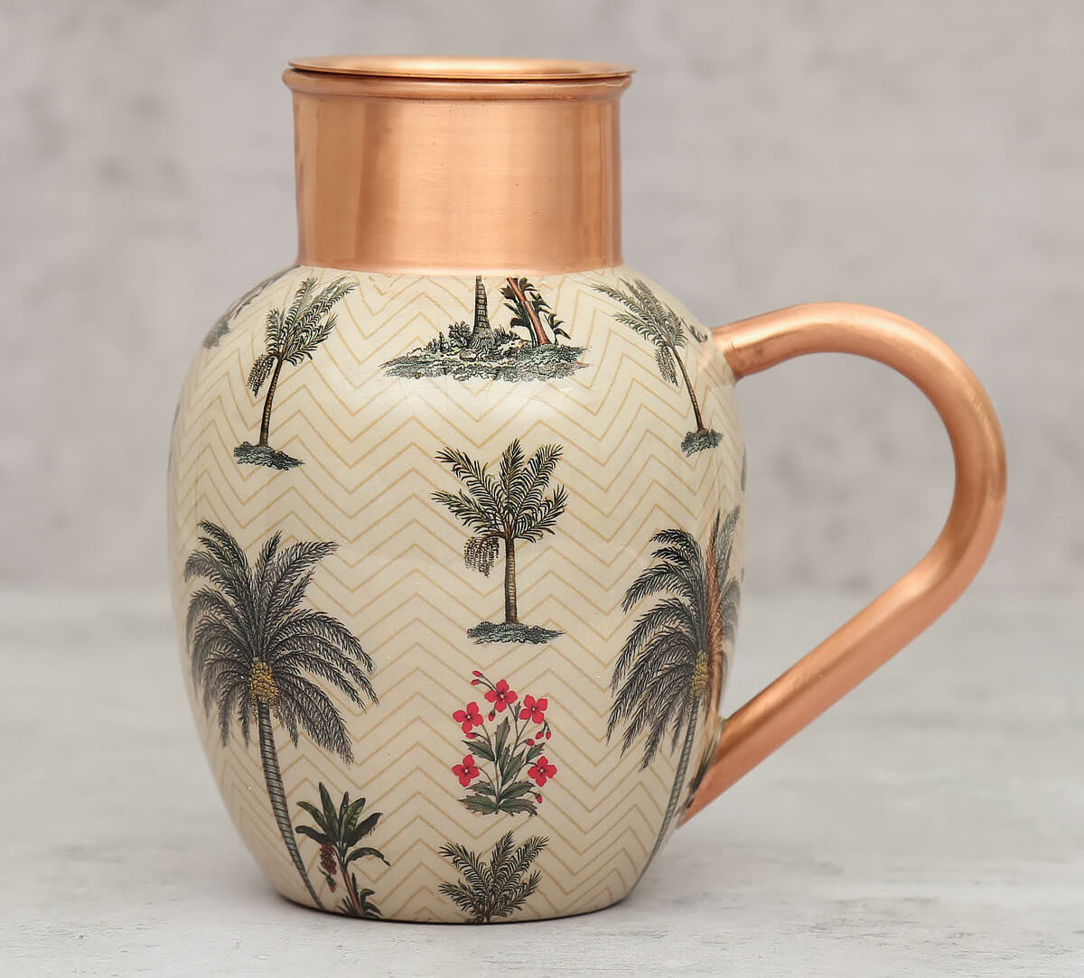 Multipurpose Handcrafted Copper Jug & Flask Set With Palm Tree Dessert Enameled Printed Used For Home And Kitchen Drinkware