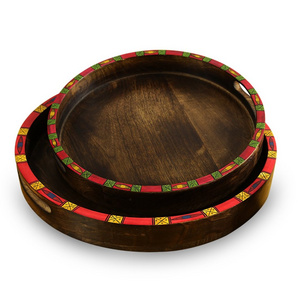 Rustic Wooden And Mop Tray With Round Shape And Ottoman Serving Tray Vintage Farmhouse Decorative Items Hot Sale