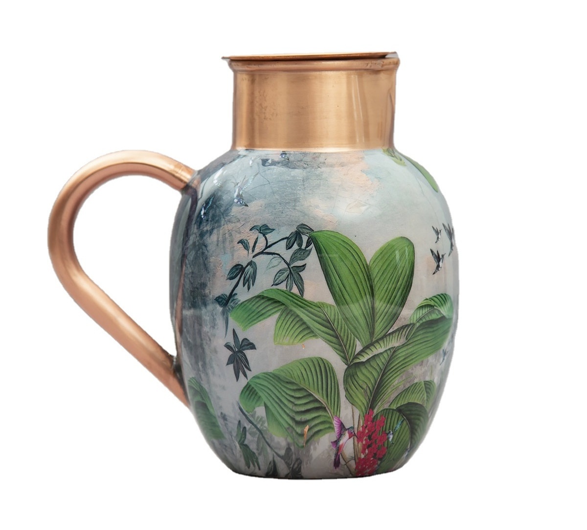 Multipurpose Handcrafted Copper Jug & Flask Set With Palm Tree Dessert Enameled Printed Used For Home And Kitchen Drinkware