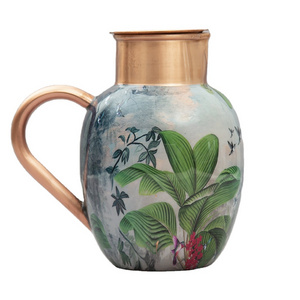 Multipurpose Handcrafted Copper Jug & Flask Set With Palm Tree Dessert Enameled Printed Used For Home And Kitchen Drinkware