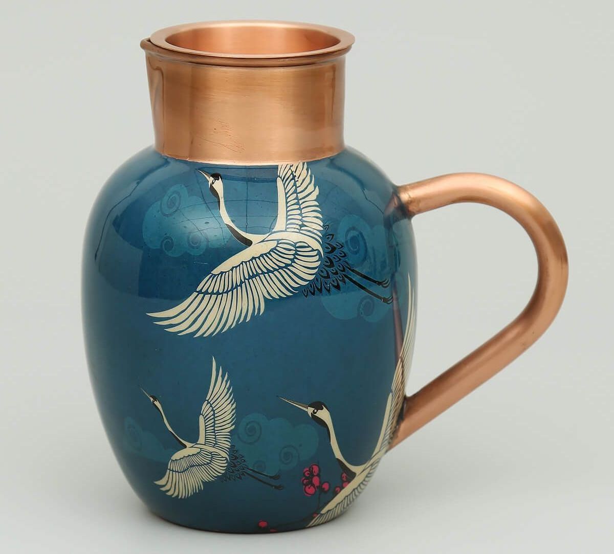 Multipurpose Handcrafted Copper Jug & Flask Set With Palm Tree Dessert Enameled Printed Used For Home And Kitchen Drinkware