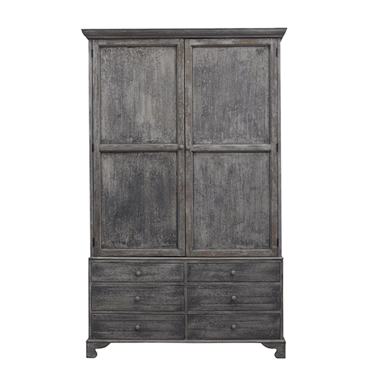 Mid century vintage classic reproduction antique painted distressed grey antique solid wood armoire wardrobe