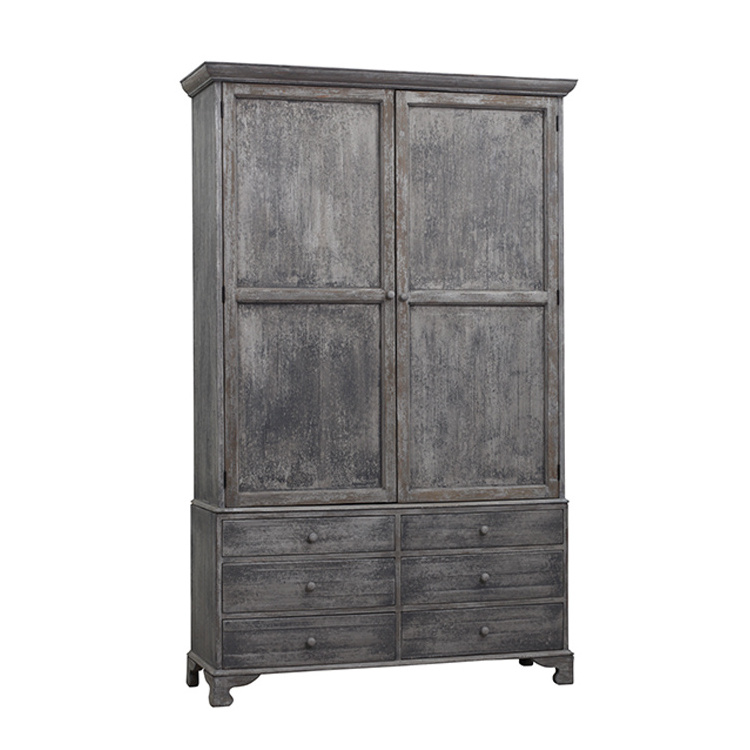 Mid century vintage classic reproduction antique painted distressed grey antique solid wood armoire wardrobe