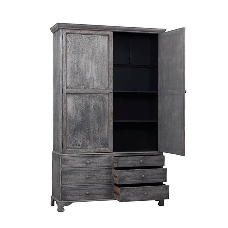 Mid century vintage classic reproduction antique painted distressed grey antique solid wood armoire wardrobe