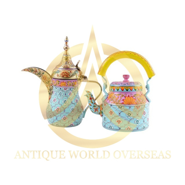 Luxury Hotel Restaurant Catering Serving Pots Arabic Tea Pot Kettle Set Shiny Finishing Brass Metal Tea Pot Dallah Set