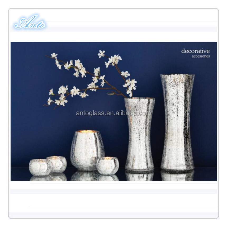 Glass Vases and Candle Holders Decorative Accessories With Mercury And Cracked Finish