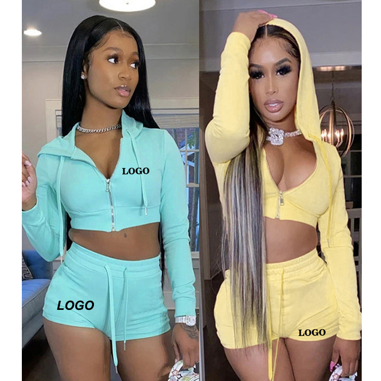 Casual Women Biker Short 2 Piece Set Clothing Zipper Hoodie Women Crop Tops Two Piece Set Clothing