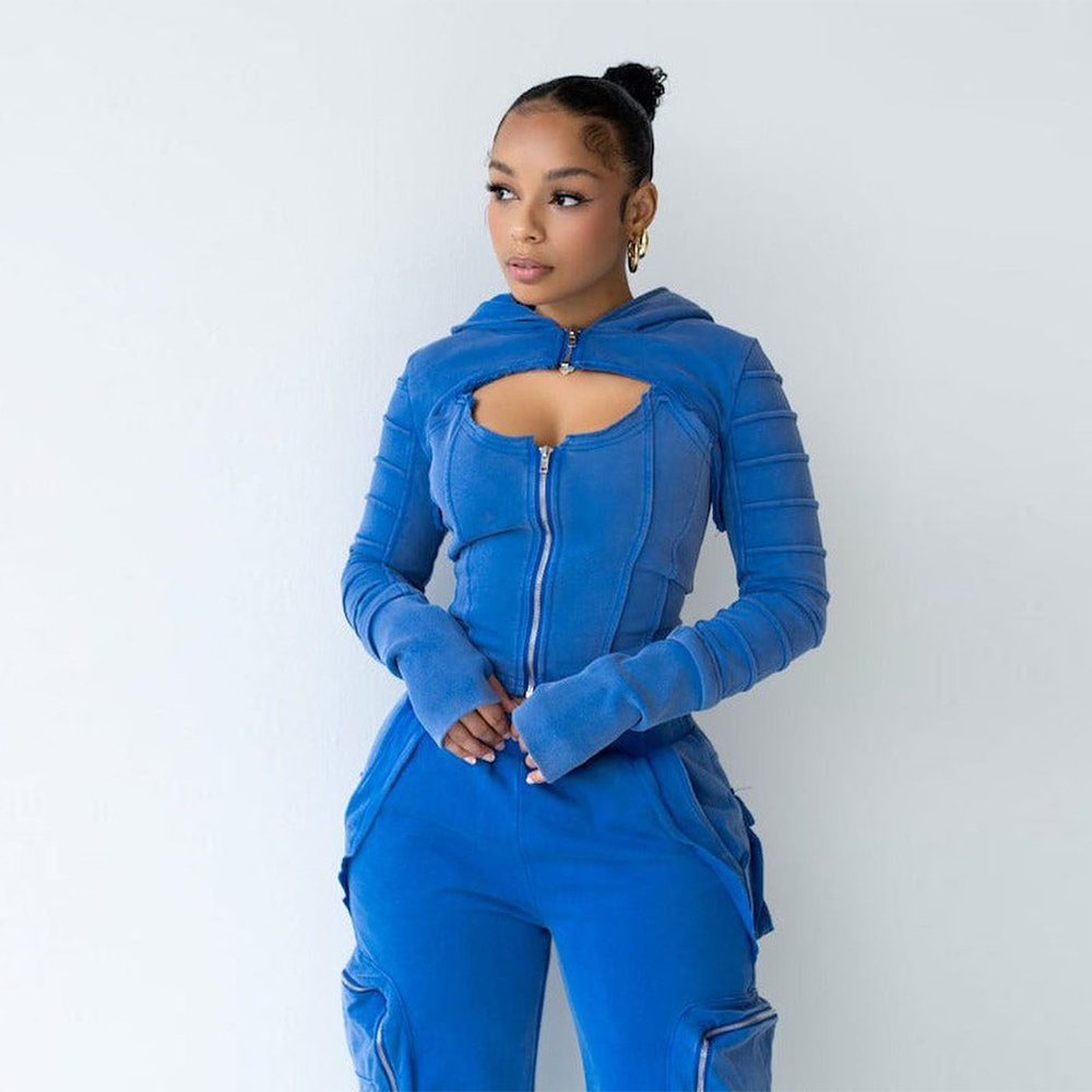 Multi Zipper cargo Pockets Sweatsuit 100% Cotton Fleece 450 GSM Tracksuits Acid Wash Vintage sweatsuits