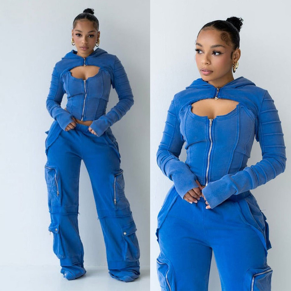 Multi Zipper cargo Pockets Sweatsuit 100% Cotton Fleece 450 GSM Tracksuits Acid Wash Vintage sweatsuits