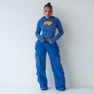 Multi Zipper cargo Pockets Sweatsuit 100% Cotton Fleece 450 GSM Tracksuits Acid Wash Vintage sweatsuits