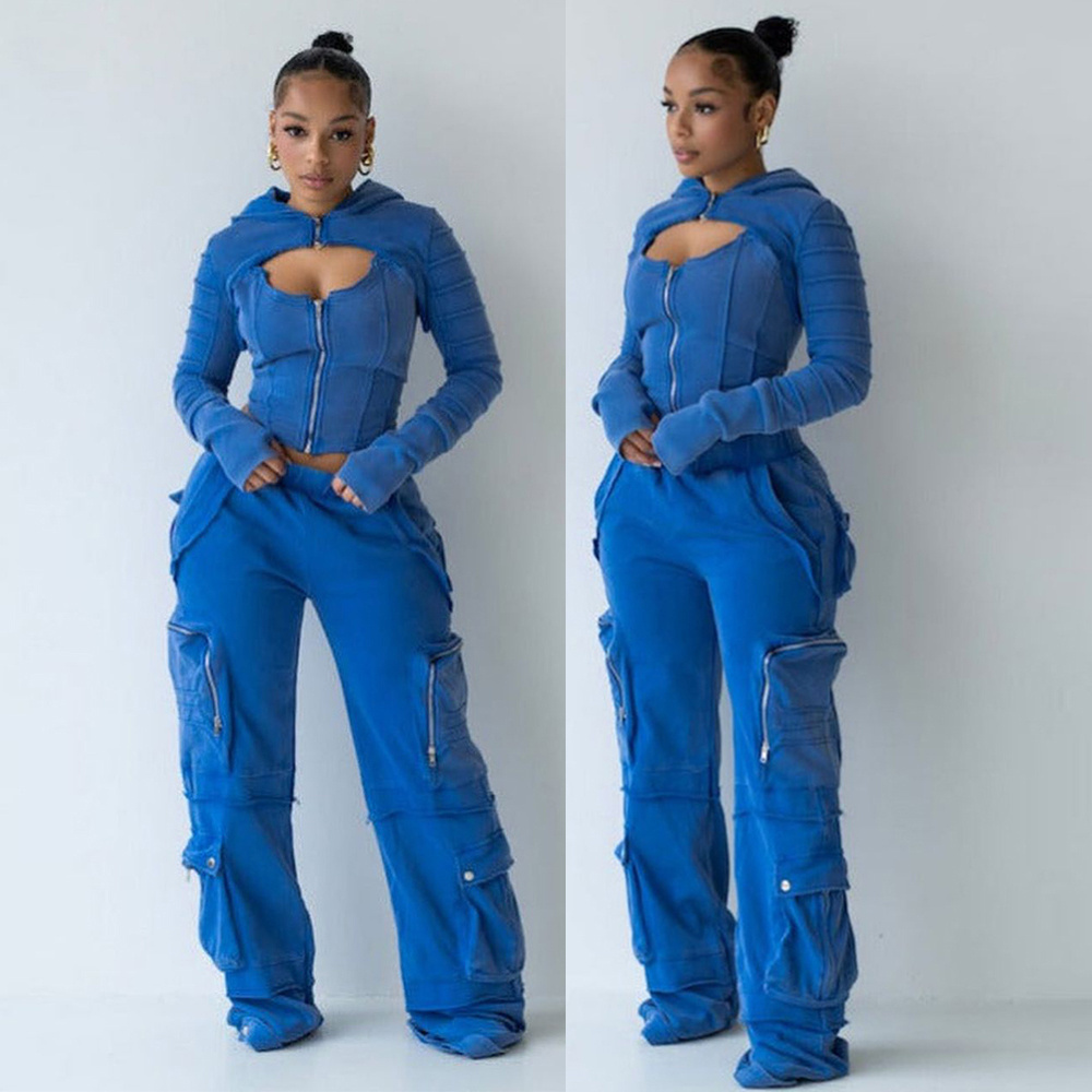 Multi Zipper cargo Pockets Sweatsuit 100% Cotton Fleece 450 GSM Tracksuits Acid Wash Vintage sweatsuits