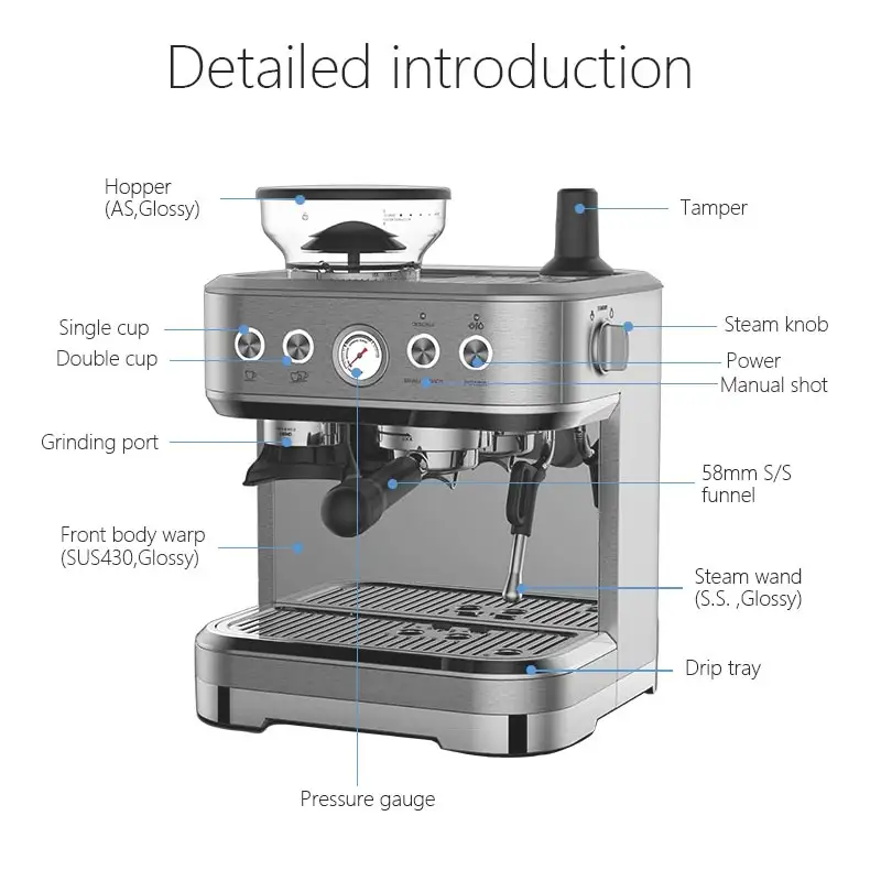 Wholesale OEM Espresso Coffee Machine with grinder Electric Metal Stainless Steel Cappuccino Coffee Maker