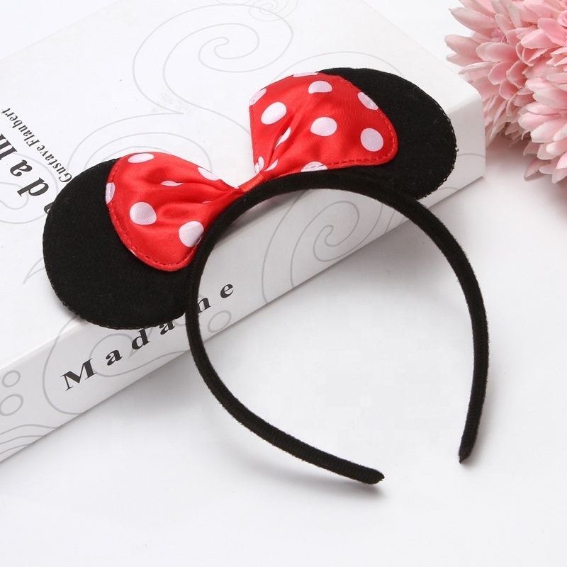 2024 Wholesale Kids Hair Accessory Cartoon Black Mouse Ears Hairband Cute Mickey Hair Band Colorful Polka Dot Hair Bow Headband