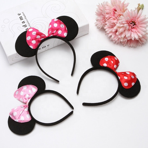 2024 Wholesale Kids Hair Accessory Cartoon Black Mouse Ears Hairband Cute Mickey Hair Band Colorful Polka Dot Hair Bow Headband