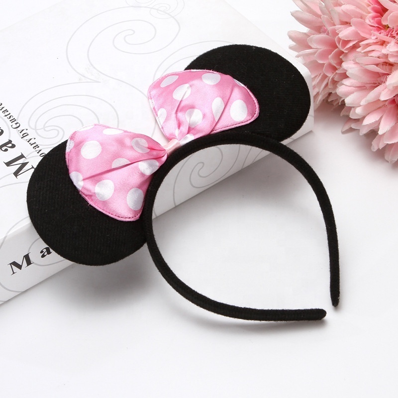 2024 Wholesale Kids Hair Accessory Cartoon Black Mouse Ears Hairband Cute Mickey Hair Band Colorful Polka Dot Hair Bow Headband