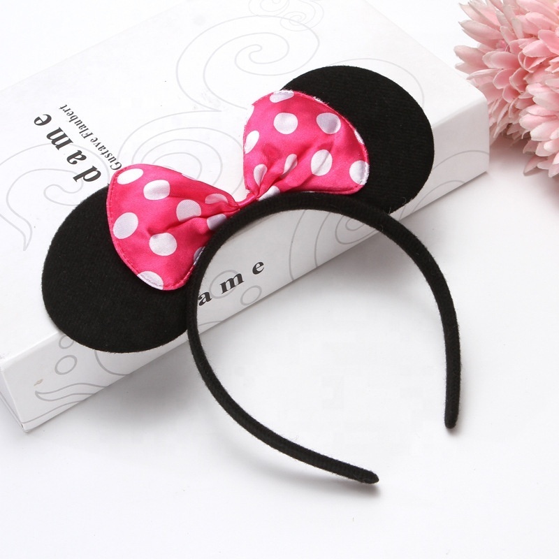 2024 Wholesale Kids Hair Accessory Cartoon Black Mouse Ears Hairband Cute Mickey Hair Band Colorful Polka Dot Hair Bow Headband