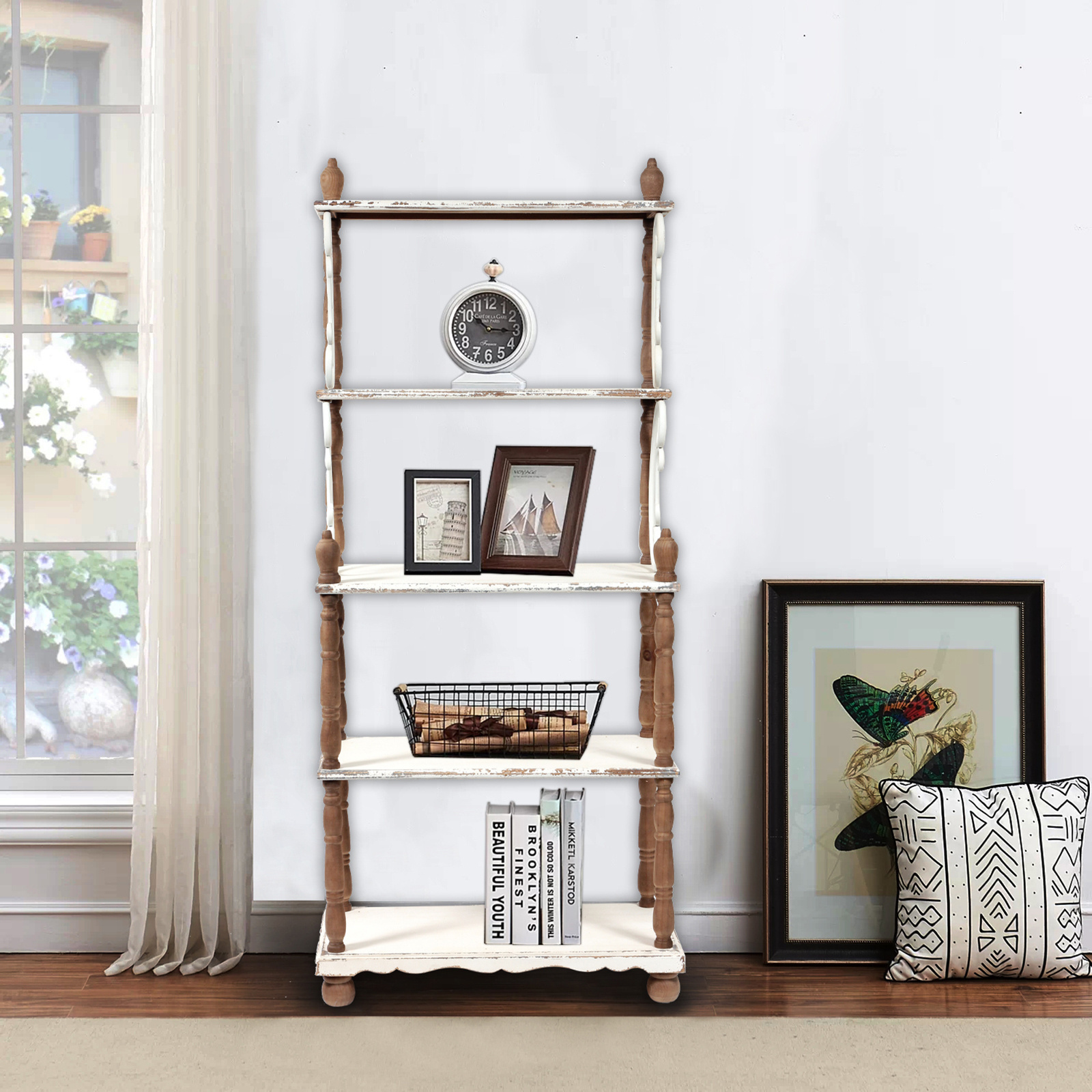 Hot Sale Product 5 Tier Bookshelf Rustic Wood Etagere Bookcase Metal Tall Bookshelf With Open Shelving Unit