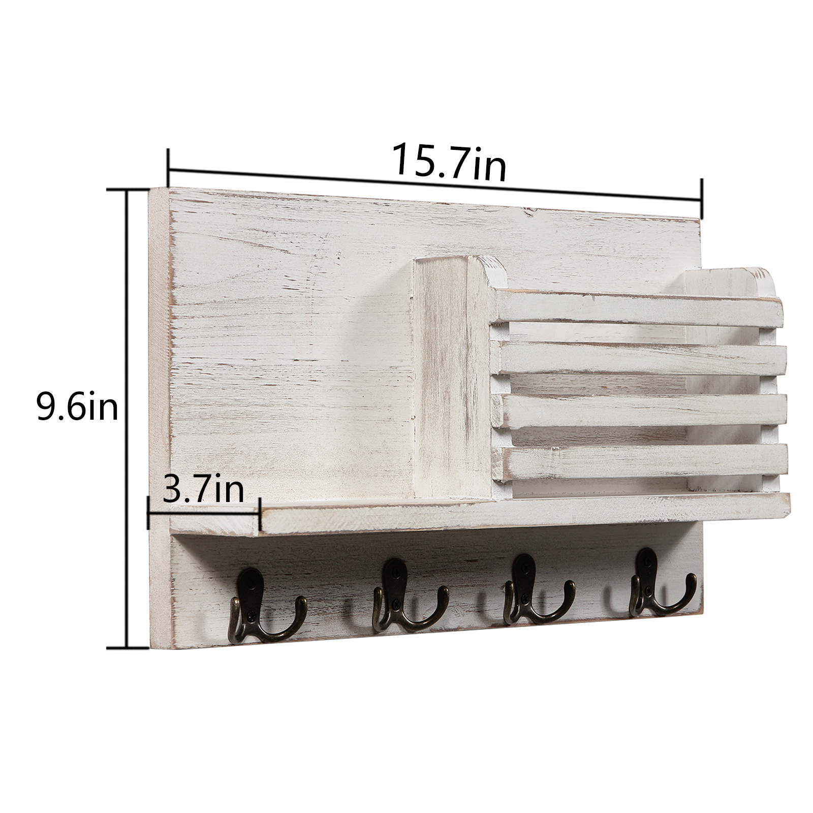 Farmhouse Entryway Shabby Chic White Wood Wall Mount Mail Organizer With 4 Double Key Hooks and A Floating Shelf