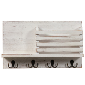 Farmhouse Entryway Shabby Chic White Wood Wall Mount Mail Organizer With 4 Double Key Hooks and A Floating Shelf