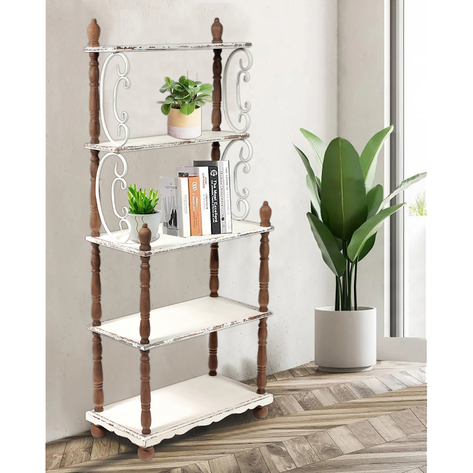 Hot Sale Product 5 Tier Bookshelf Rustic Wood Etagere Bookcase Metal Tall Bookshelf With Open Shelving Unit