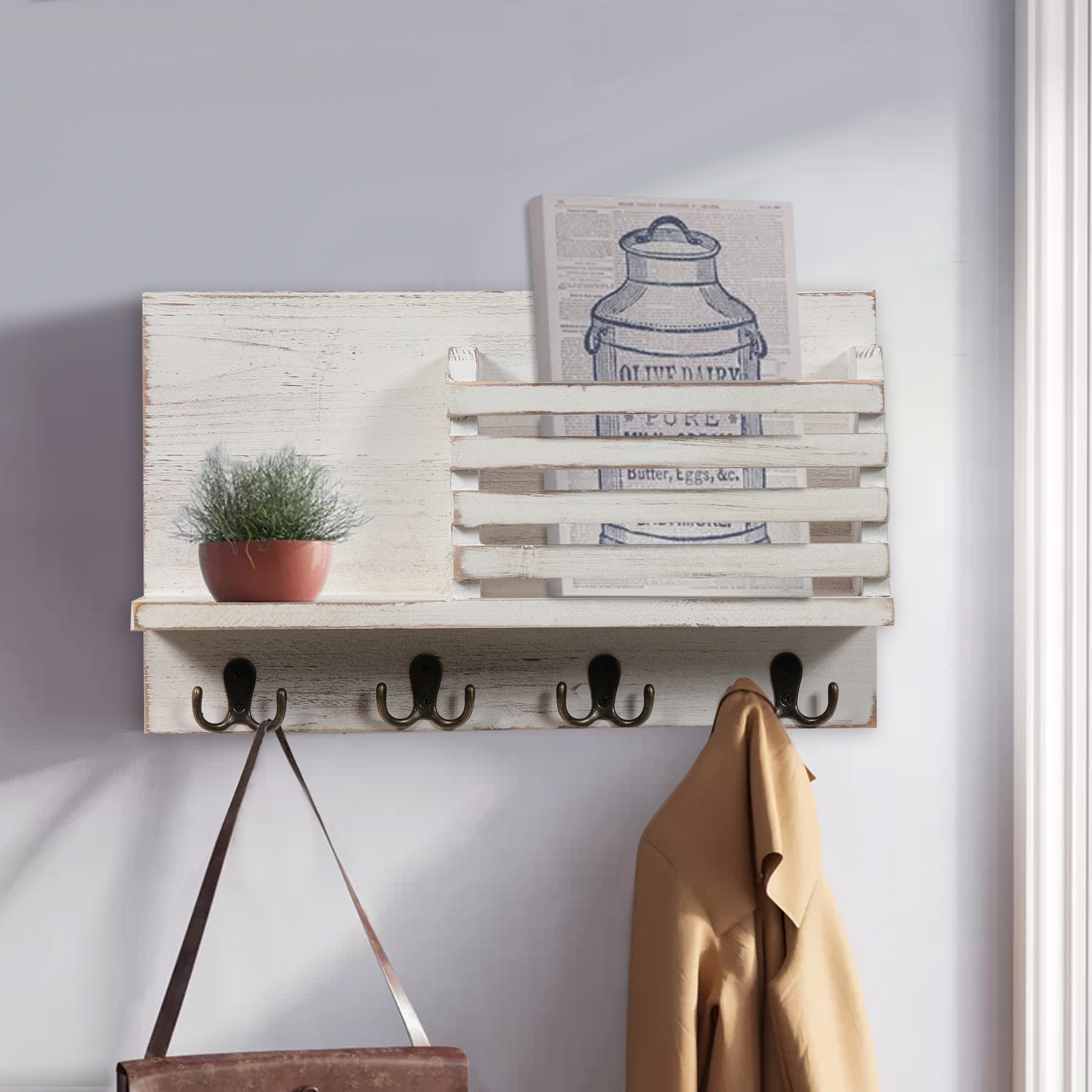 Farmhouse Entryway Shabby Chic White Wood Wall Mount Mail Organizer With 4 Double Key Hooks and A Floating Shelf