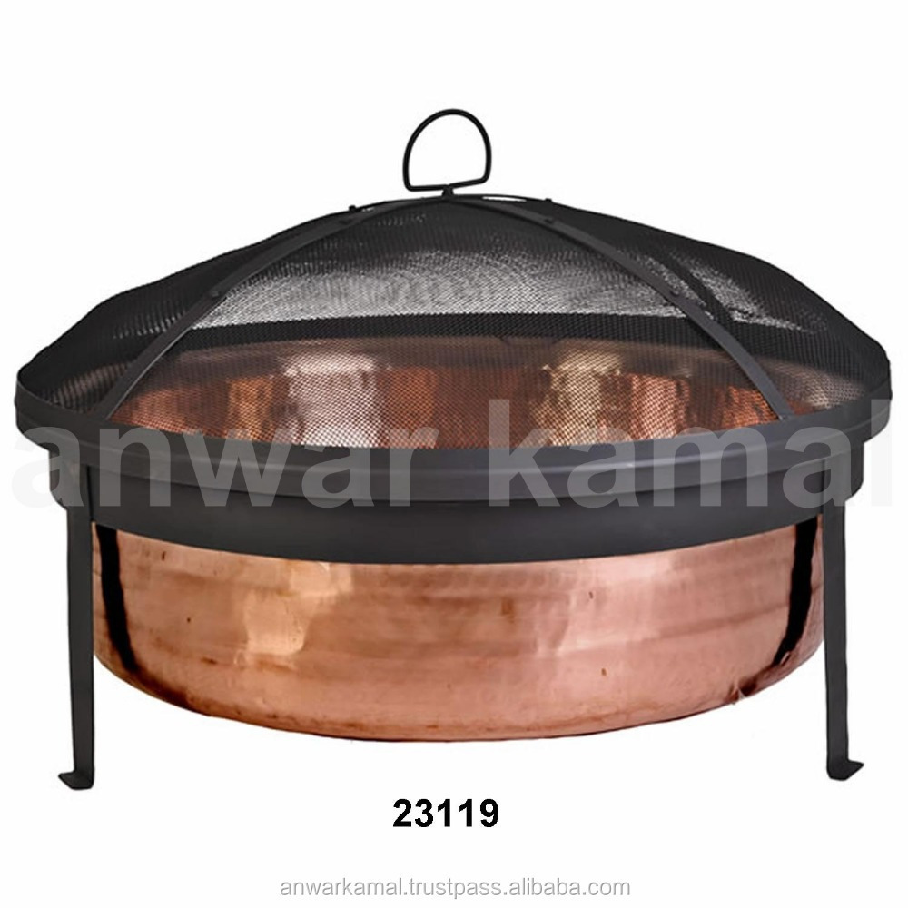 Latest design Copper  handmade polished Hammered Copper Fire Pit with Lid & Black Iron Stand