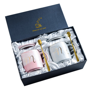 Anyihaojia OEM tazas marble mr mrs mug coffee tea cup set luxury ceramic coffee mug with spoon lid gift box 12oz pink nordic cup