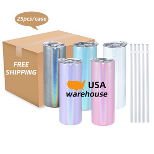 US Warehouse wholesale 20oz glitter tumbler with straw Stainless Steel Rainbow Skinny Tumbler cups for sublimation DIY printing