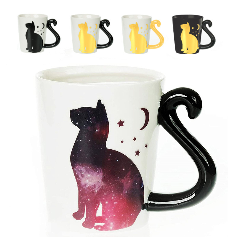 Wholesale 3D Ceramic Black Cat Coffee Mug with cat tail handle 12 oz Color-Changing coffee cups  Unique Gift Cat themed mugs