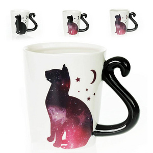 Wholesale 3D Ceramic Black Cat Coffee Mug with cat tail handle 12 oz Color-Changing coffee cups  Unique Gift Cat themed mugs