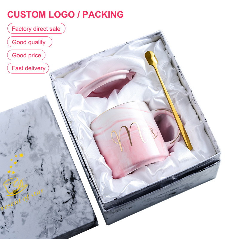 Anyihaojia OEM tazas marble mr mrs mug coffee tea cup set luxury ceramic coffee mug with spoon lid gift box 12oz pink nordic cup