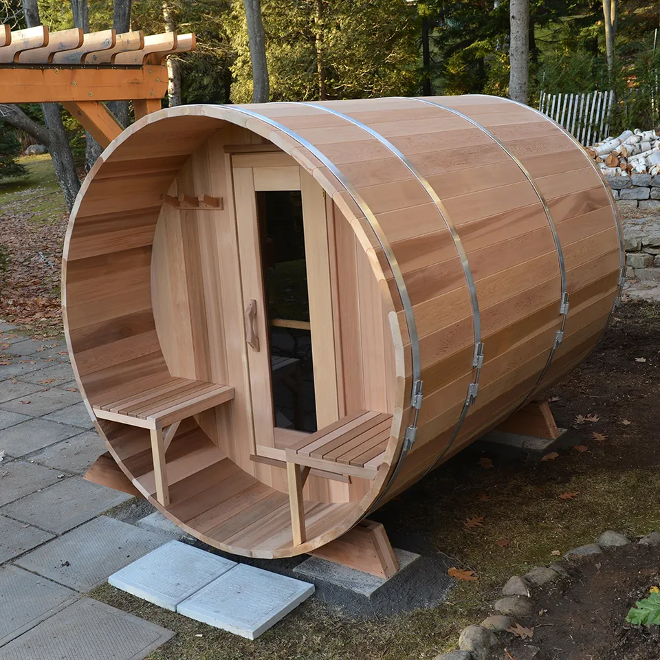 Purely Canadian Hemlock Wooden Traditional Steam Barrel Sauna Room with Harvia Stove Heater