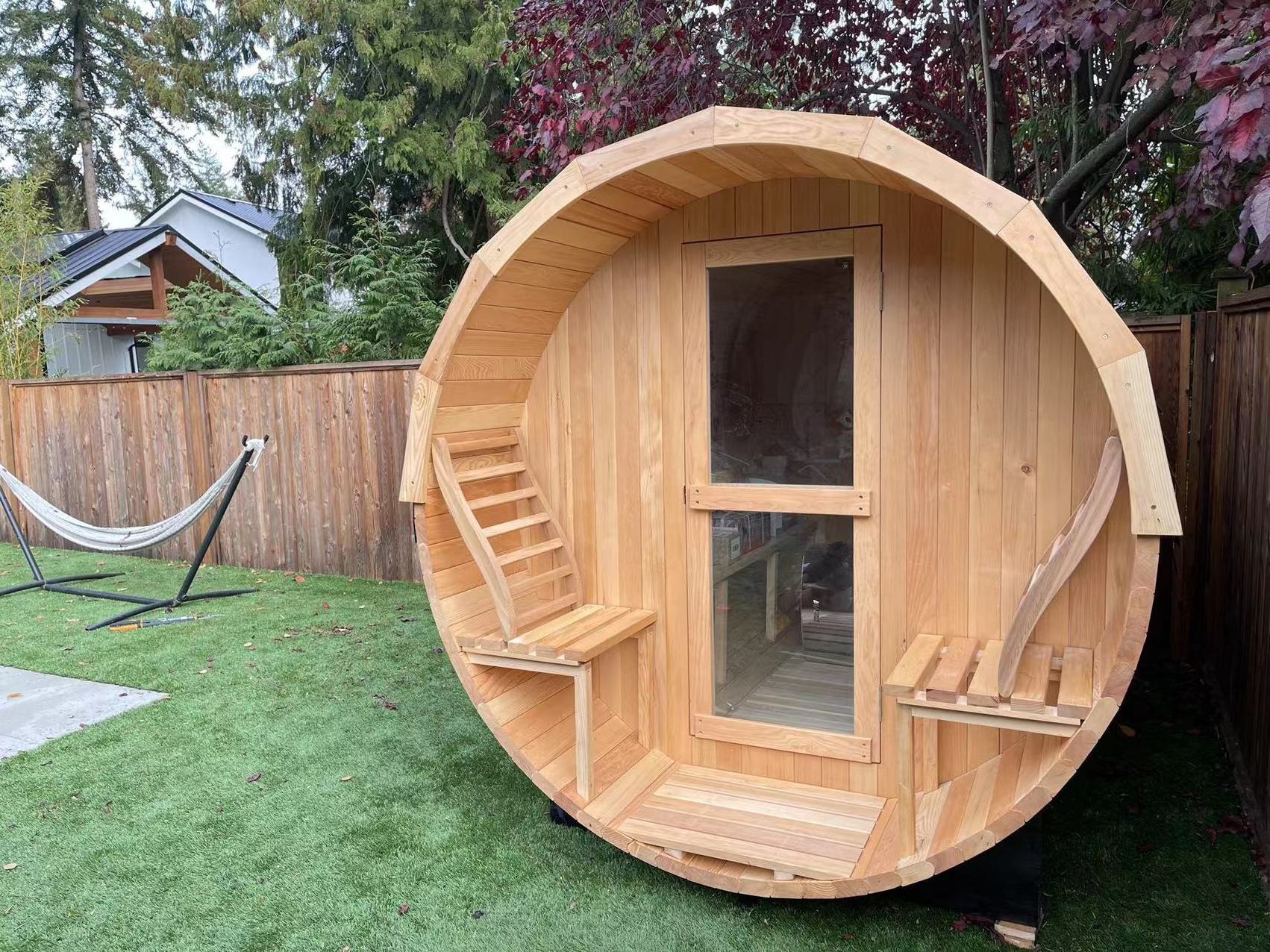 Custom Size Garden Traditional Canadian Hemlock Steam Barrel Sauna Room with Porch