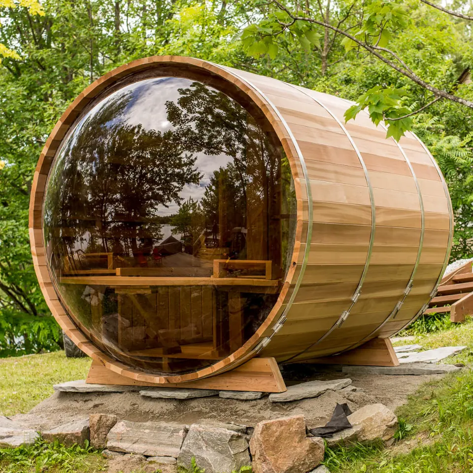 4 Person High End Red Cedar Wooden Sauna Barrel Rooms with Panorama Window and Front Porch