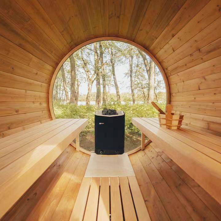 Hot Sale Custom Size Canadian Red cedar Outdoor Round Barrel Sauna with 8MM Tempered Glass Door