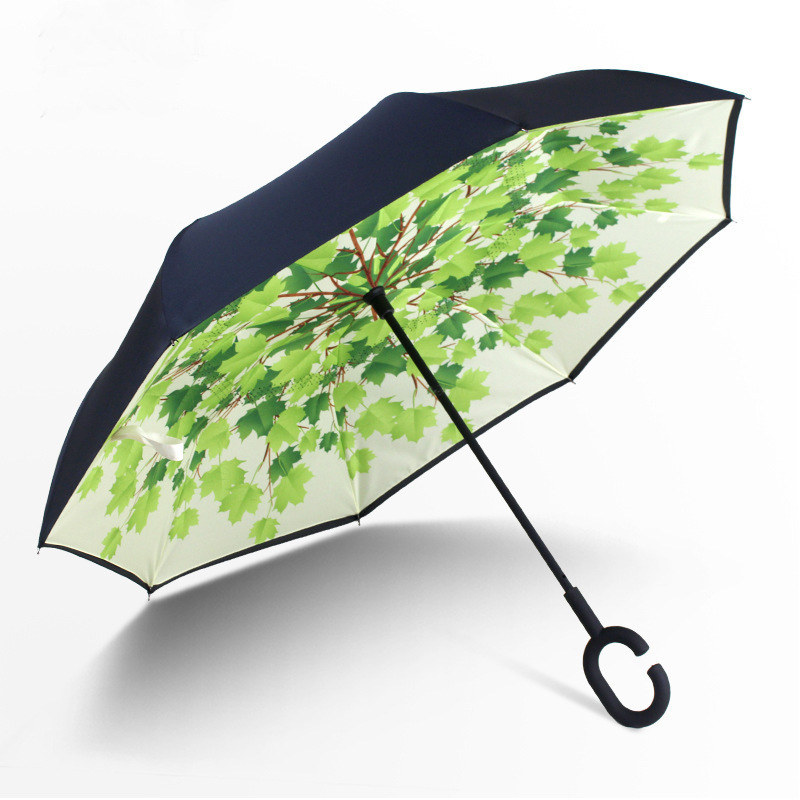 China Umbrella Supplier Stock Custom Double Layer Inside Out C Shape Handle Inverted Reverse Umbrella With Logo Prints