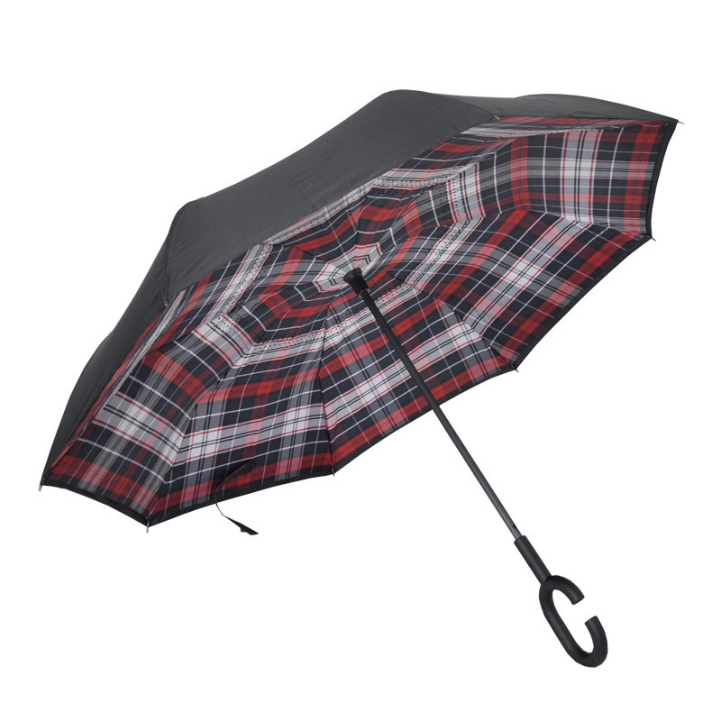 China Umbrella Supplier Stock Custom Double Layer Inside Out C Shape Handle Inverted Reverse Umbrella With Logo Prints