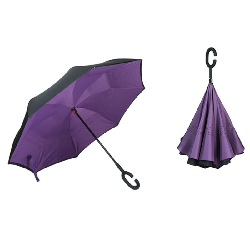 China Umbrella Supplier Stock Custom Double Layer Inside Out C Shape Handle Inverted Reverse Umbrella With Logo Prints