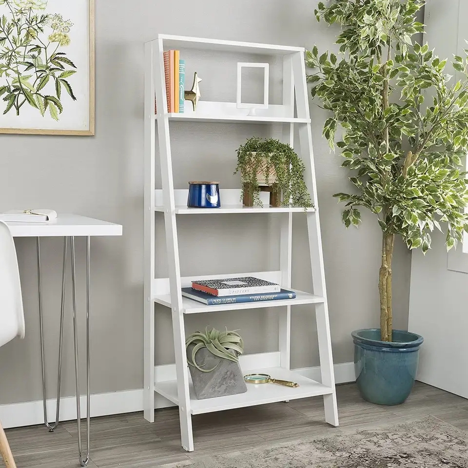 Living Room Storage Shelf Ladder Bookcase 4 Tier Bookshelf with white color