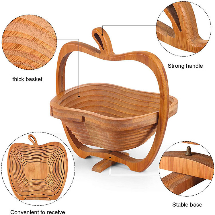 Custom Apple Shape Bamboo Collapsible Fruit Gift Basket with Handle