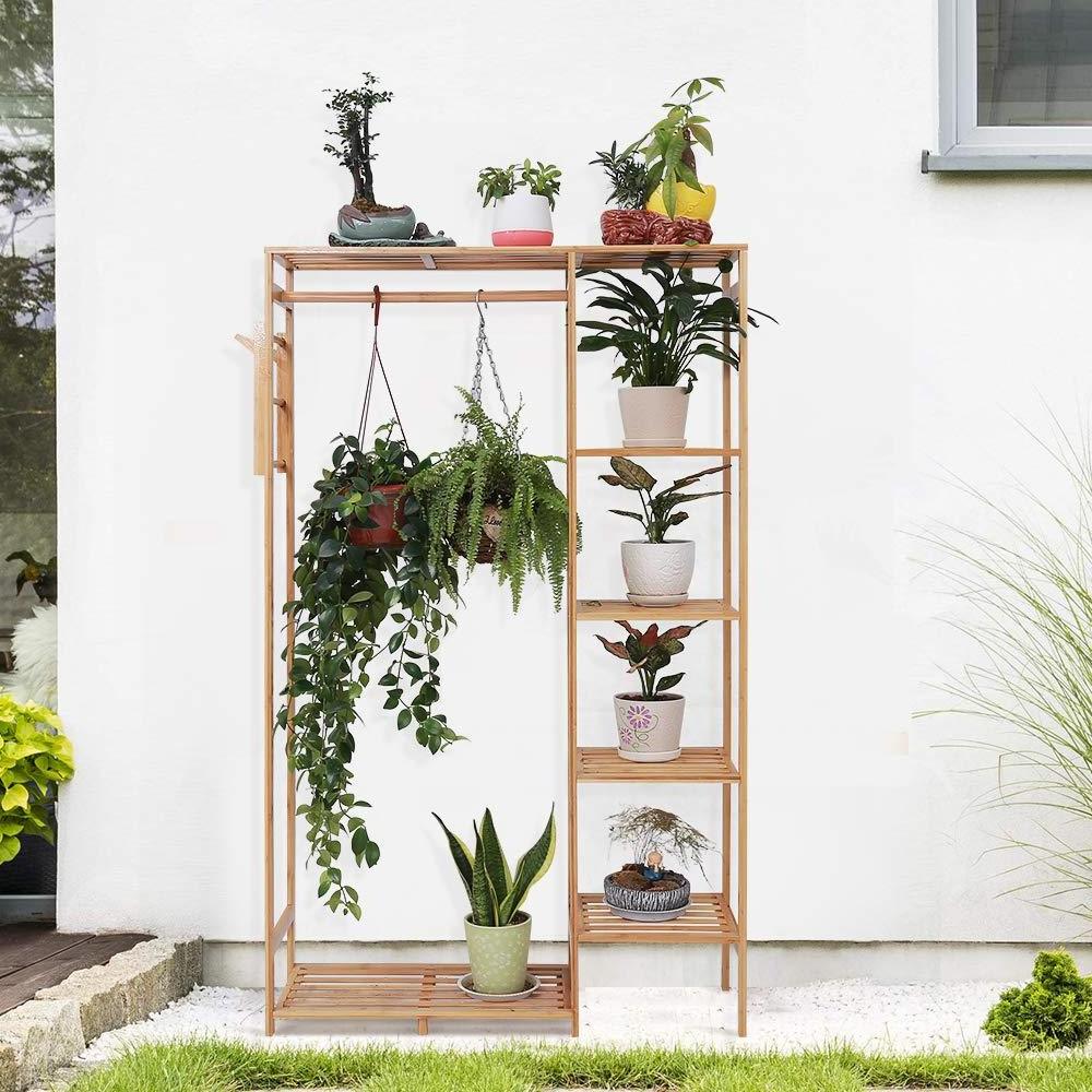 Bamboo Garment Rack with Shelves Clothes Drying Hanging Rack Plant Stand Shoe and Coat Storage In Home Laundry Room