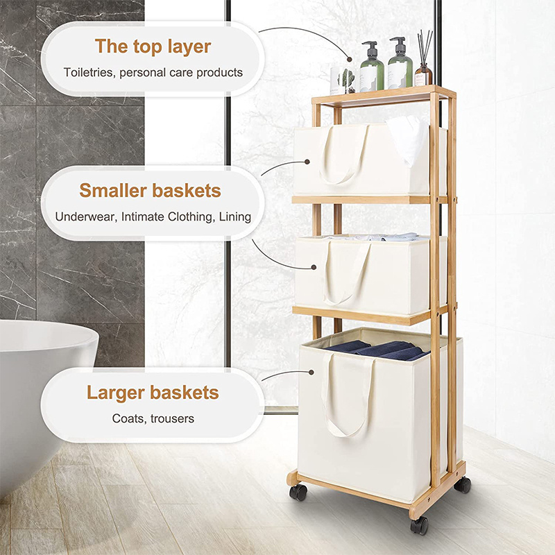 Bathroom Laundry Room Home Storage Rack Three Layers Tall Bamboo Canvas Laundry Hamper with Wheel and Handles