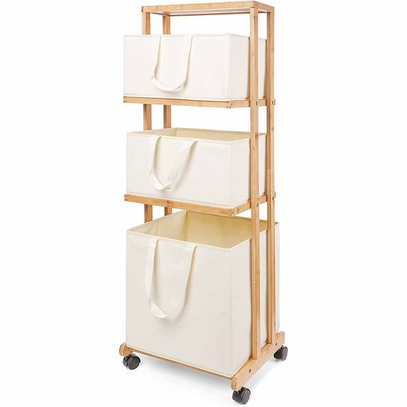 Bathroom Laundry Room Home Storage Rack Three Layers Tall Bamboo Canvas Laundry Hamper with Wheel and Handles